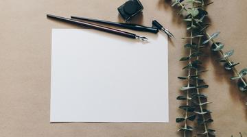 White paper beside pencil and vine leaves.