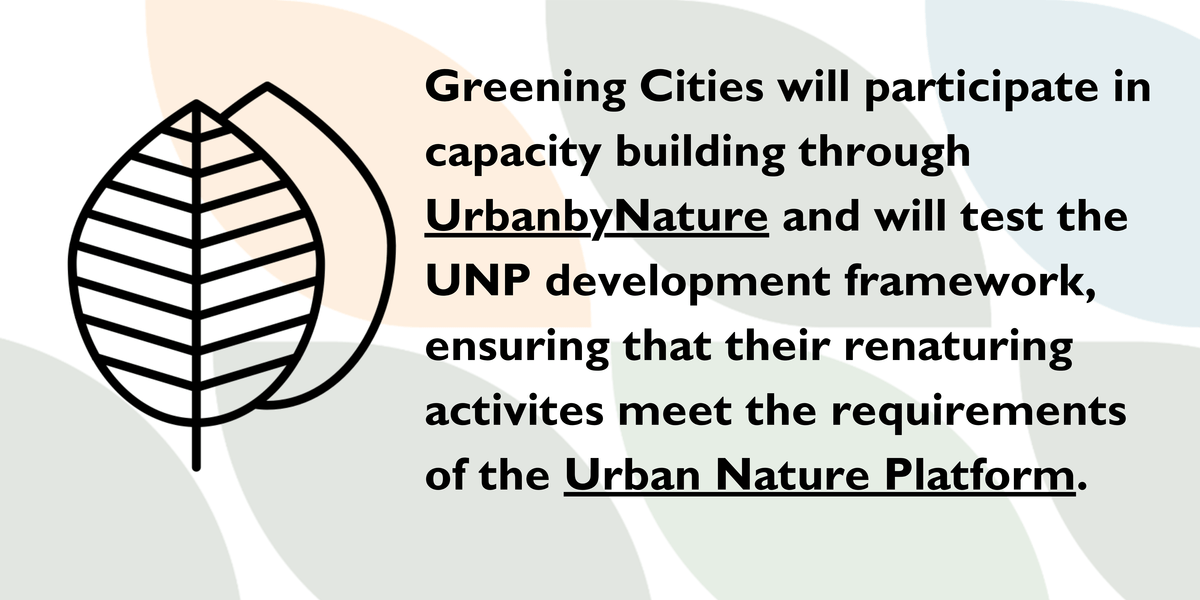 Greening City Greening cities will participate in capacity building through UrbanbyNature and will test the UNP development framework, ensuring that their renaturing activites meet the requirements of the Urban Nature Platform.
